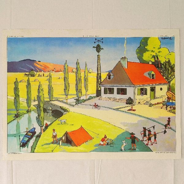 Affiche scolaire de la marque rossignol, illustrée par Ray Lambert dans les années 50-60, recto intitulé  "l'été" et le verso intitulé "le beau temps".