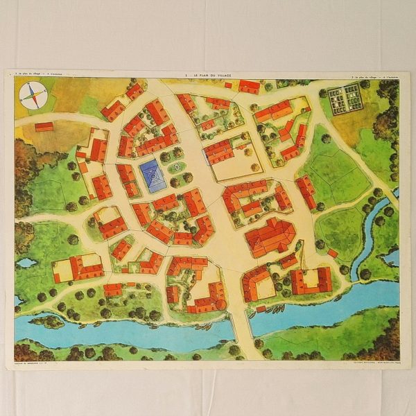 Affiche scolaire de la marque rossignol, datant années 50-60, recto intitulé  "plan du village" et le verso intitulé "l'automne".