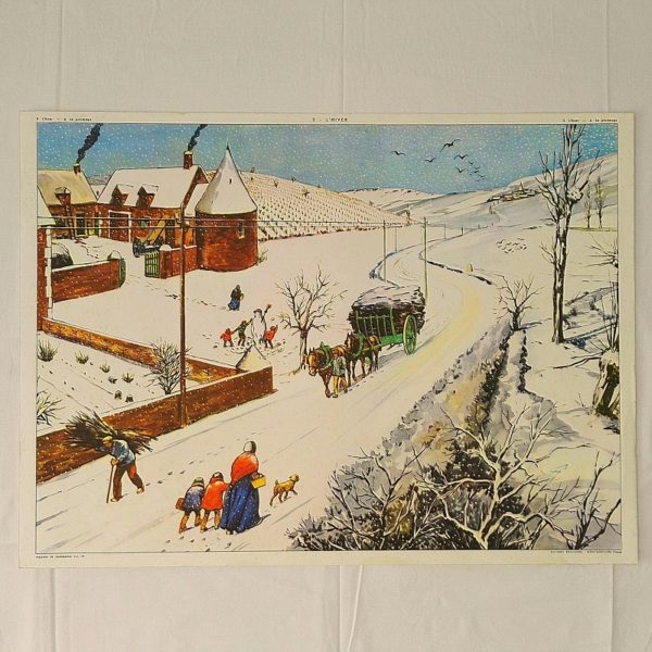Affiche scolaire de la marque rossignol, datant années 50-60, recto intitulé  "le printemps" et le verso intitulé "l'hiver"