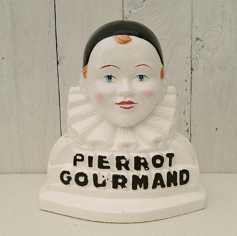 Rares présentoirs à sucettes de boulangerie bustes Pierrot Gourmand céramique. 