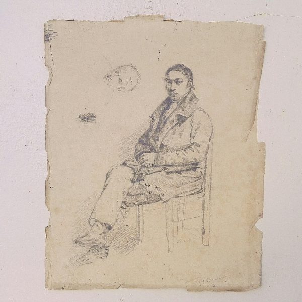 Ancien dessin d'étude sur papier sur le portrait d'homme assis exécuté à la mine de plomb, datant de la fin du XIXème, début XXème siècle. Petites tâches sur le papier, des manques et déchirures sur le contour de la feuille. Dimensions : 30,5 x 25,5 cm