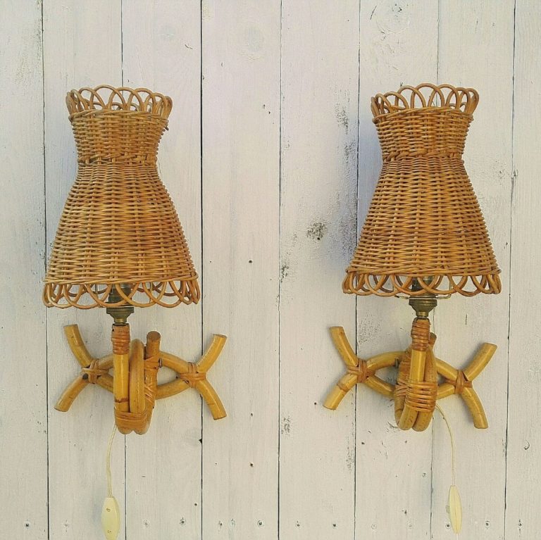 Paire d'appliques, rotin, osier tressé, vintage Acolytes Antique