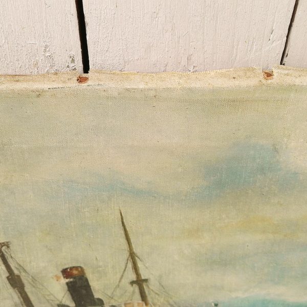 Huile sur toile représentant le paquebot Mauritania dans la tempête. Châssis en bois. signé Romero sur le bas. Deux petits accrocs l'un en haut à gauche et l'autre sur le coté droit. Bon état général. Dimensions : 50 x 34 cm