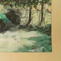 Gouache par H.Raoul, représentant une église ou cathédrale en arrière plan avec le marché sur le parvis. Gouache animée. Marie-jeanne jaunie et traces d'humidité, petites déchirures sur le contour. Tâches de rousseurs sur la gouache. décoloration sur le haut de la gouache dues à la colle. 52,5 x 43 cm