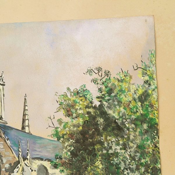Gouache par H.Raoul, représentant une église ou cathédrale en arrière plan avec le marché sur le parvis. Gouache animée. Marie-jeanne jaunie et traces d'humidité, petites déchirures sur le contour. Tâches de rousseurs sur la gouache. décoloration sur le haut de la gouache dues à la colle. 52,5 x 43 cm