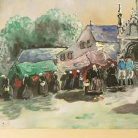 Gouache par H.Raoul, représentant une église ou cathédrale en arrière plan avec le marché sur le parvis. Gouache animée. Marie-jeanne jaunie et traces d'humidité, petites déchirures sur le contour. Tâches de rousseurs sur la gouache. décoloration sur le haut de la gouache dues à la colle. 52,5 x 43 cm