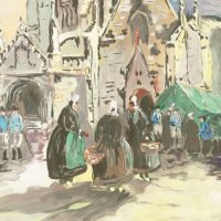 Gouache par H.Raoul, représentant une église ou cathédrale en arrière plan avec le marché sur le parvis. Gouache animée. Marie-jeanne jaunie et traces d'humidité, petites déchirures sur le contour. Tâches de rousseurs sur la gouache. décoloration sur le haut de la gouache dues à la colle. 52,5 x 43 cm