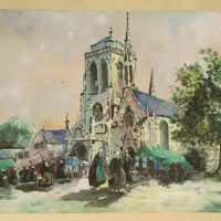 Gouache par H.Raoul, représentant une église ou cathédrale en arrière plan avec le marché sur le parvis. Gouache animée. Marie-jeanne jaunie et traces d'humidité, petites déchirures sur le contour. Tâches de rousseurs sur la gouache. décoloration sur le haut de la gouache dues à la colle. 52,5 x 43 cm