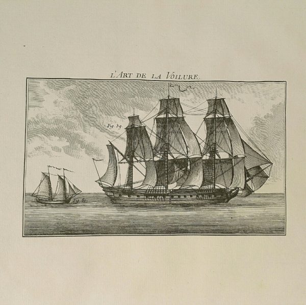 Gravure XVIIIème, pleine page, intitulée " L'art de la voilure". Représentant deux voiliers. Tâches et rousseurs. Petite insolation. Bon état général 50,5 x 36 cm