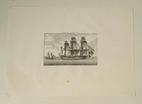 Gravure XVIIIème, pleine page, intitulée " L'art de la voilure". Représentant deux voiliers. Tâches et rousseurs. Petite insolation. Bon état général 50,5 x 36 cm