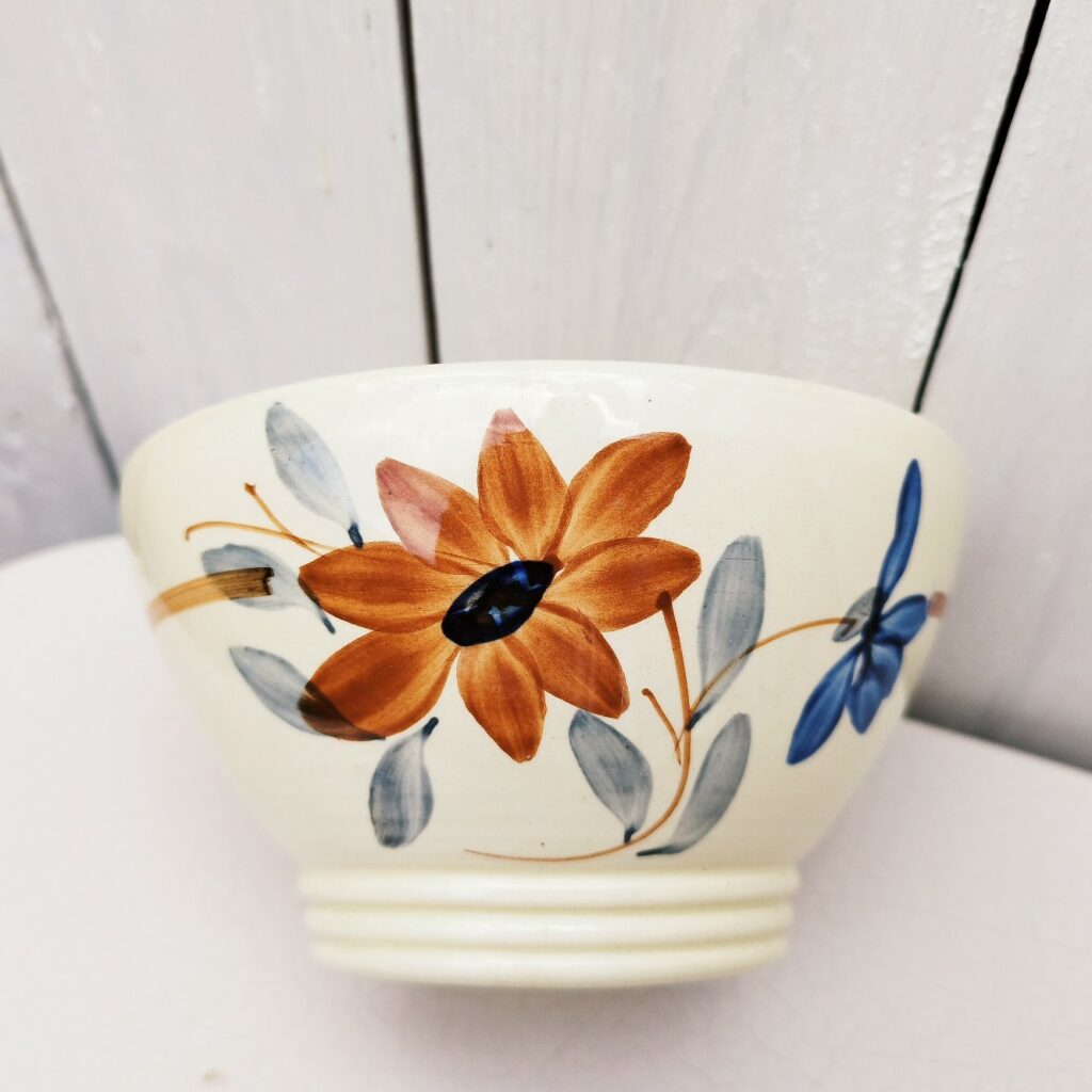 Bol En Faïence Française Vintage – Décor Fleurs Orange, Émaillé, 13.5cm (Occasion)