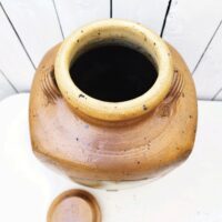 Grand vinaigrier en grès pyrité par Pierre Digan à la Borne. Datant des années 60. Possède son couvercle ainsi que le robinet en bui. Signé sur une anse. Excellent état. Hauteur totale: 41 cm Dimensions cuve : 23  x 19 x 35 cm