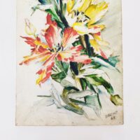 Aquarelle d'un bouquet d'iris colorés sur papierb canson, signé et daté sur le bas. Des petites taches et traces de rousseurs. Coins cornés avec des trous de punaises,un petit accroc sur le bord haut. Bon état général. Dimensions : 53 x 26 cm
