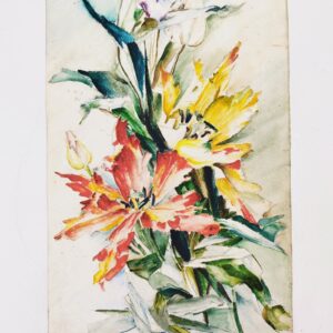 Aquarelle d'un bouquet d'iris colorés sur papierb canson, signé et daté sur le bas. Des petites taches et traces de rousseurs. Coins cornés avec des trous de punaises,un petit accroc sur le bord haut. Bon état général. Dimensions : 53 x 26 cm
