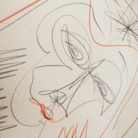 Dessin  au crayon de papier et pastel sur papier gaufré, effectué par Gilbert Giuliani dit Gianangelli pour pour le musée Picasso. Signé et daté de 1976 sur le bas. Un trace d'humidité sur le bas. Bon état général. Dimensions : 65 x 50 cm