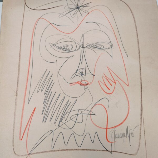 Dessin  au crayon de papier et pastel sur papier gaufré, effectué par Gilbert Giuliani dit Gianangelli pour pour le musée Picasso. Signé et daté de 1976 sur le bas. Un trace d'humidité sur le bas. Bon état général. Dimensions : 65 x 50 cm