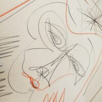 Dessin  au crayon de papier et pastel sur papier gaufré, effectué par Gilbert Giuliani dit Gianangelli pour pour le musée Picasso. Signé et daté de 1976 sur le bas. Un trace d'humidité sur le bas. Bon état général. Dimensions : 65 x 50 cm