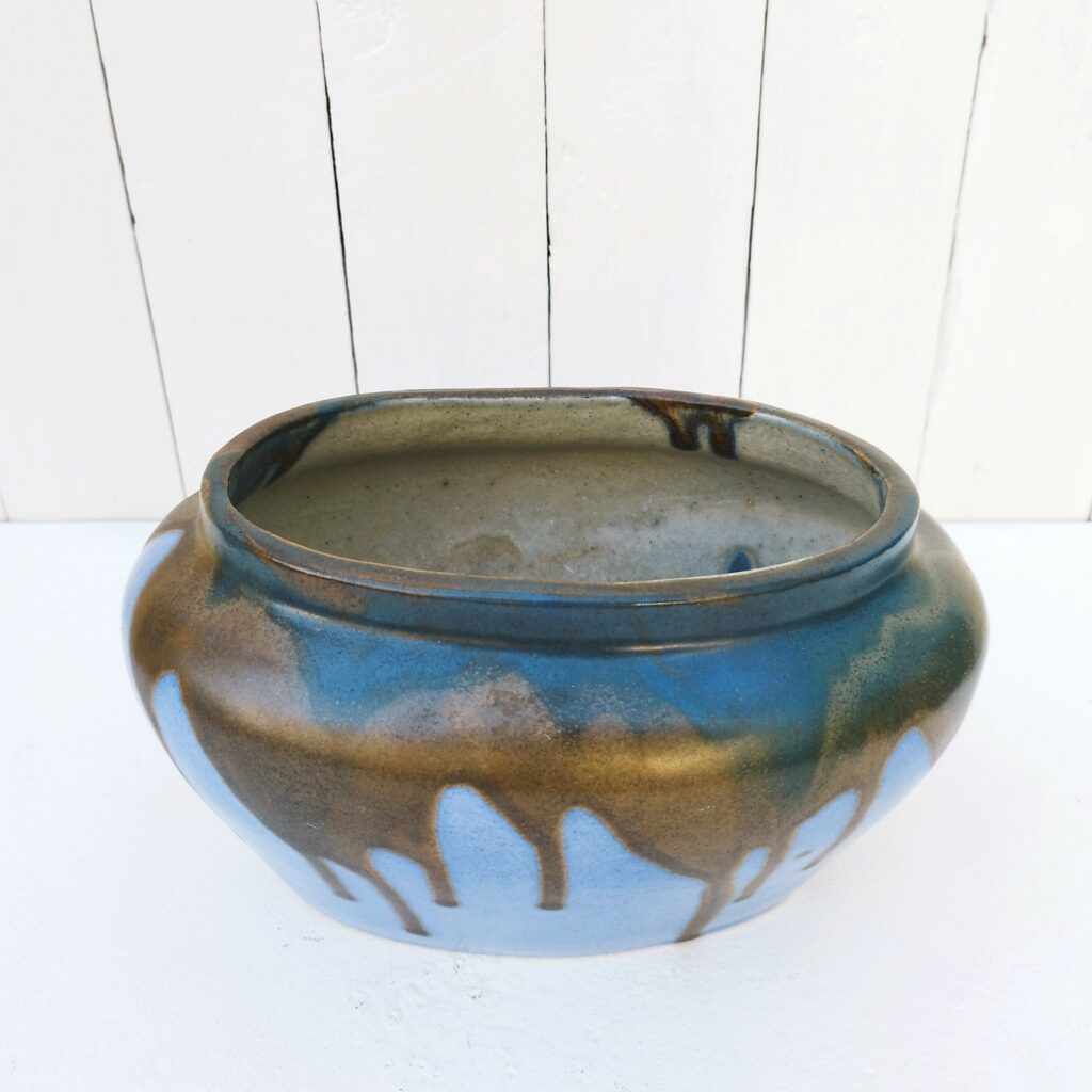 ANCIEN TRÈS BEAU vase céramique vert et doré déco fleurs palmes french