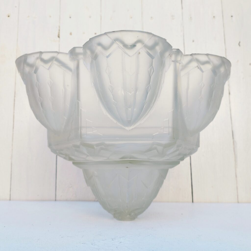 Plafonnier Art Déco En Verre Givré Et Teinté, Vintage, Occasion