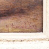 Huile sur panneau représentant un bouquet d'anémones dans un vase en verre au second plan et des pétales tombés en premier plan. Encadrement en bois peint en blanc. Signé Marthe Danard Puig. Des petits manques de peinture , jauni par le temps. Bon état général. Dimensions : 39,5 x 33 cm