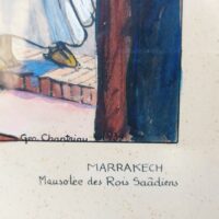 Aquarelle intitulée " Mausolée des rois Saâdiens  Marrakech " rehaussée de gouache . Signé sur le bas Géo Chantriau, et daté de 1932. Petites taches d'humidité sans gravité et des rousseurs sur la marie-louise. bon état. Dimensions : 33 x 25,5 cm