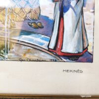 Aquarelle intitulée " Meknès" rehaussée de gouache représentant des musiciens marocains dans un jardin de Meknès qui vont prendre le thé à la menthe. Signé sur le bas Géo Chantriau, et daté de 1932. Petites taches d'humidité sans gravité et des petites rousseurs. Très bon état. Dimensions : 33 x 25,5 cm