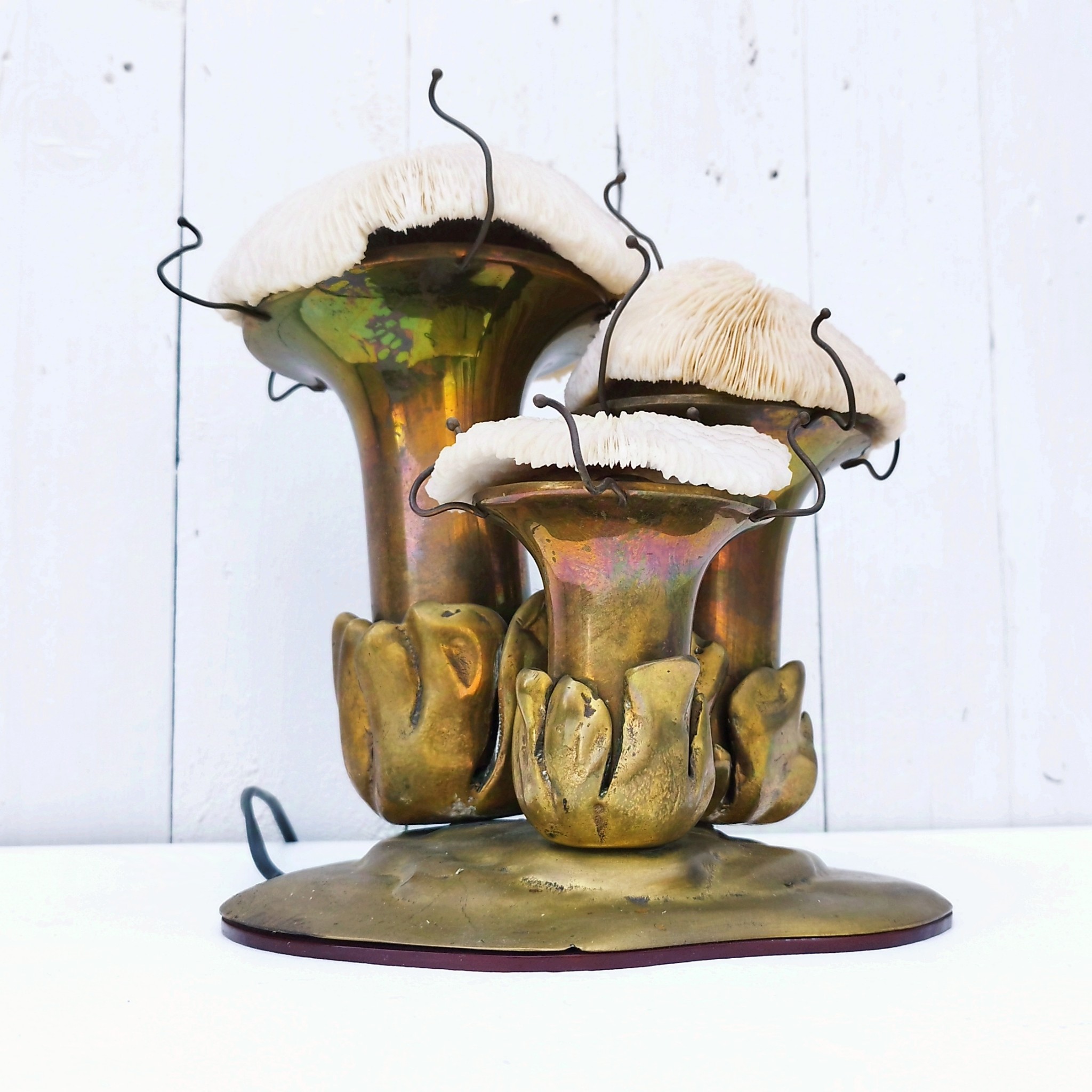 exceptionnelle lampe en bronze massif par Duval Brasseur. Chapeaux des champignons sont en coraux véritables. Lampe d'ambiance d'un plus bel effet. Trace de vert-de-gris sur certain endroits, belle pâtine dorée. Non signée mais répertoriée. Lampe très lourde. Très bon état. Hauteur : 26 cm