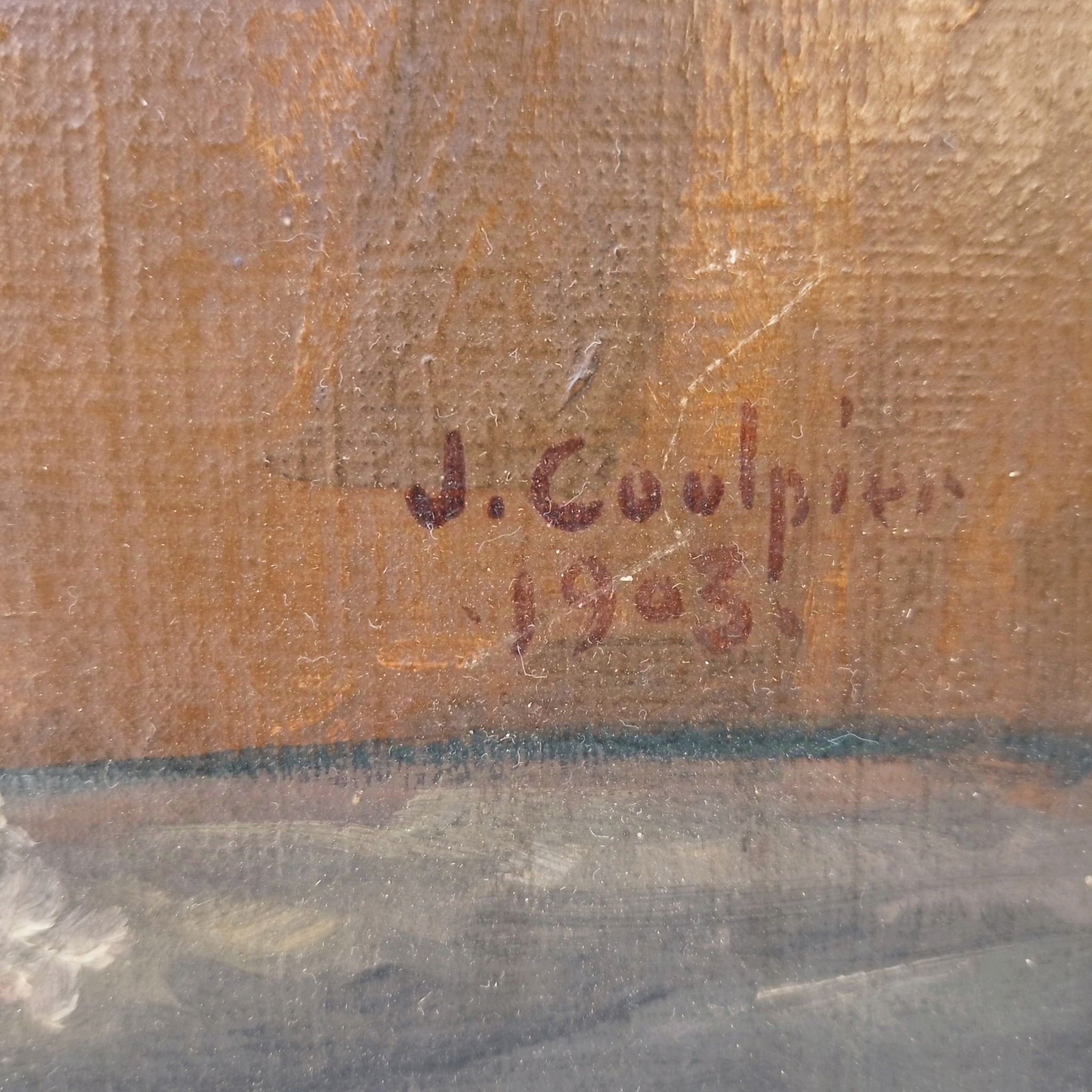 Huile sur toile représentant un bouquet de lilas bi-colore dans un vase en verre bleu. Signature Joseph Coulpier. Daté de 1903. Une petit nettoyage à prévoir. Un petit trou dans la toile sur le bas droit du vase. Etat d'usage Dimensions : 46 x 38 cm