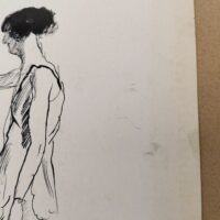 Encre de chine réalisée par Jean Launois dans sa période Algéroise. Représentant deux prostituées ouvrant la porte à un homme costumé. Encre de chine effectuée sur papier canson. Des petites taches sans gravité , papier légèrement jauni. Bon état général. Dimensions : 31,5 x 23,5 cm