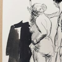 Encre de chine réalisée par Jean Launois dans sa période Algéroise. Représentant deux prostituées ouvrant la porte à un homme costumé. Encre de chine effectuée sur papier canson. Des petites taches sans gravité , papier légèrement jauni. Bon état général. Dimensions : 31,5 x 23,5 cm