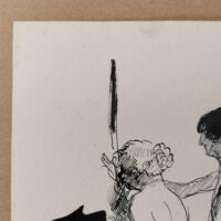 Encre de chine réalisée par Jean Launois dans sa période Algéroise. Représentant deux prostituées ouvrant la porte à un homme costumé. Encre de chine effectuée sur papier canson. Des petites taches sans gravité , papier légèrement jauni. Bon état général. Dimensions : 31,5 x 23,5 cm