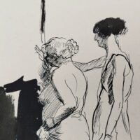 Encre de chine réalisée par Jean Launois dans sa période Algéroise. Représentant deux prostituées ouvrant la porte à un homme costumé. Encre de chine effectuée sur papier canson. Des petites taches sans gravité , papier légèrement jauni. Bon état général. Dimensions : 31,5 x 23,5 cm