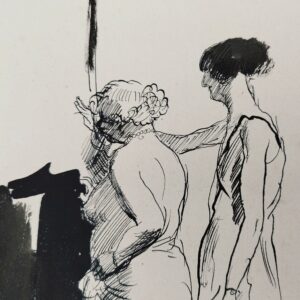 Encre de chine réalisée par Jean Launois dans sa période Algéroise. Représentant deux prostituées ouvrant la porte à un homme costumé. Encre de chine effectuée sur papier canson. Des petites taches sans gravité , papier légèrement jauni. Bon état général. Dimensions : 31,5 x 23,5 cm