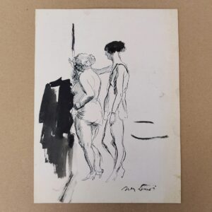 Encre de chine réalisée par Jean Launois dans sa période Algéroise. Représentant deux prostituées ouvrant la porte à un homme costumé. Encre de chine effectuée sur papier canson. Des petites taches sans gravité , papier légèrement jauni. Bon état général. Dimensions : 31,5 x 23,5 cm