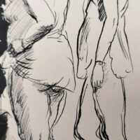 Encre de chine réalisée par Jean Launois dans sa période Algéroise. Représentant deux prostituées ouvrant la porte à un homme costumé. Encre de chine effectuée sur papier canson. Des petites taches sans gravité , papier légèrement jauni. Bon état général. Dimensions : 31,5 x 23,5 cm