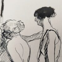 Encre de chine réalisée par Jean Launois dans sa période Algéroise. Représentant deux prostituées ouvrant la porte à un homme costumé. Encre de chine effectuée sur papier canson. Des petites taches sans gravité , papier légèrement jauni. Bon état général. Dimensions : 31,5 x 23,5 cm