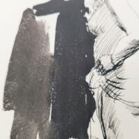 Encre de chine réalisée par Jean Launois dans sa période Algéroise. Représentant deux prostituées ouvrant la porte à un homme costumé. Encre de chine effectuée sur papier canson. Des petites taches sans gravité , papier légèrement jauni. Bon état général. Dimensions : 31,5 x 23,5 cm