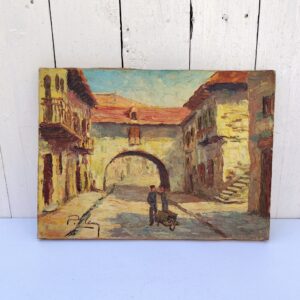 Huile sur toile représentant deux personnages discutant au milieu d'une de Bretenoux dans le lot. Signé sur le bas à gauche. Jauni par le temps. Bon état général. Dimensions :  33 x 24 cm