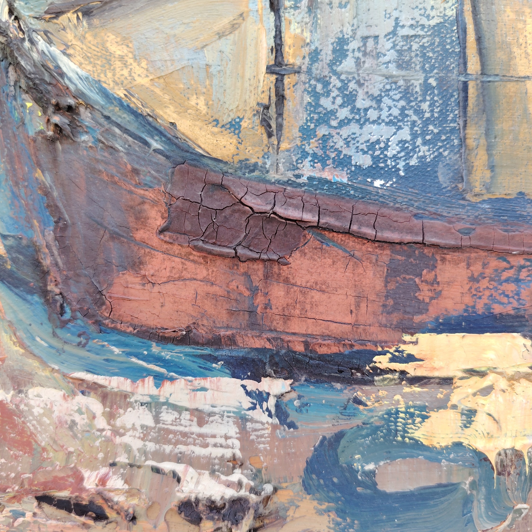 Tableau, Peinture acrylique sur toile représentant des bateaux en cale sèche pendant la marée basse. Signé Pignon. Un manque de matière au niveau du deuxième bateau en arrière plan Bon état. Dimensions : 54,5 x 38 cm