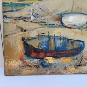 Tableau, Peinture acrylique sur toile représentant des bateaux en cale sèche pendant la marée basse. Signé Pignon. Un manque de matière au niveau du deuxième bateau en arrière plan Bon état. Dimensions : 54,5 x 38 cm