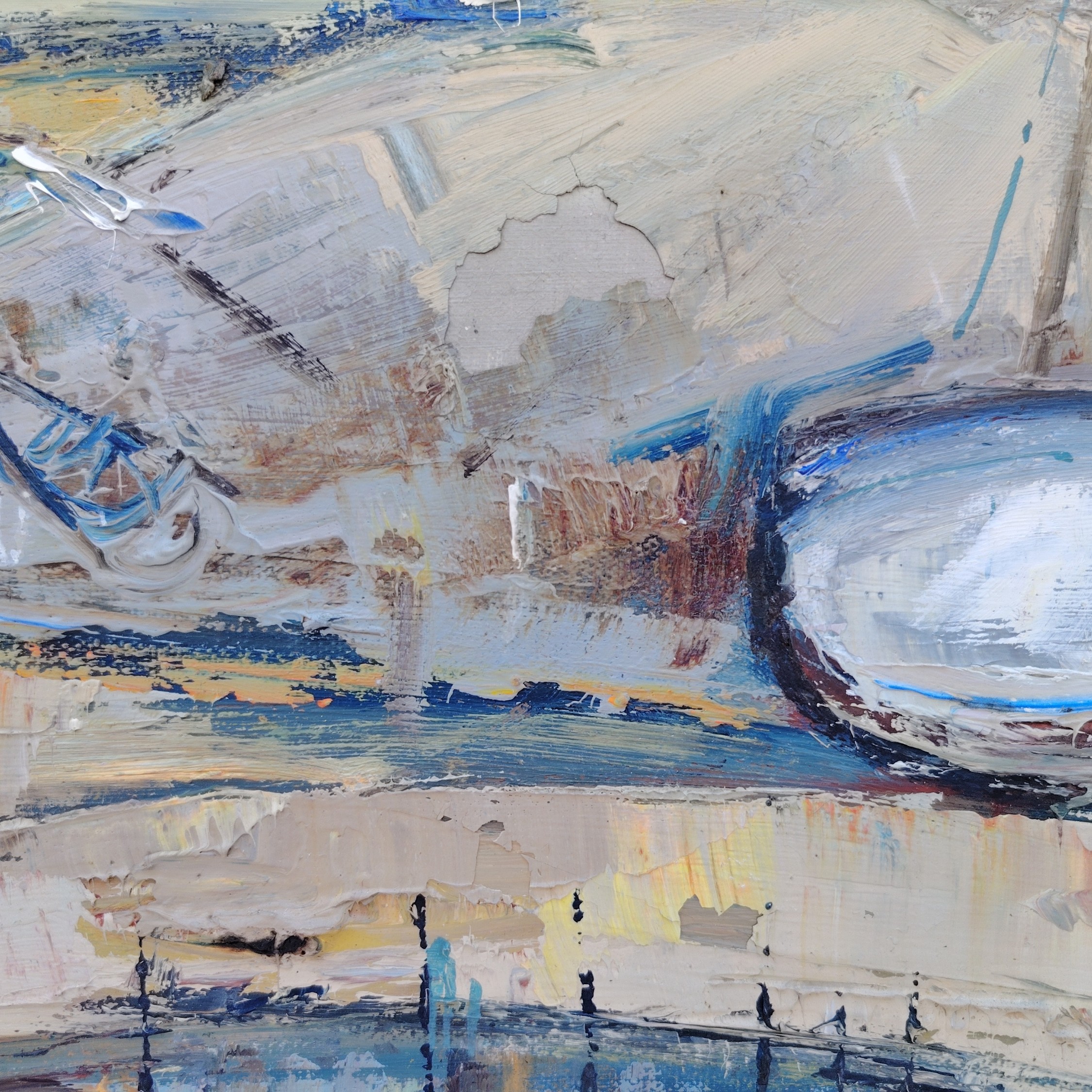 Tableau, Peinture acrylique sur toile représentant des bateaux en cale sèche pendant la marée basse. Signé Pignon. Un manque de matière au niveau du deuxième bateau en arrière plan Bon état. Dimensions : 54,5 x 38 cm