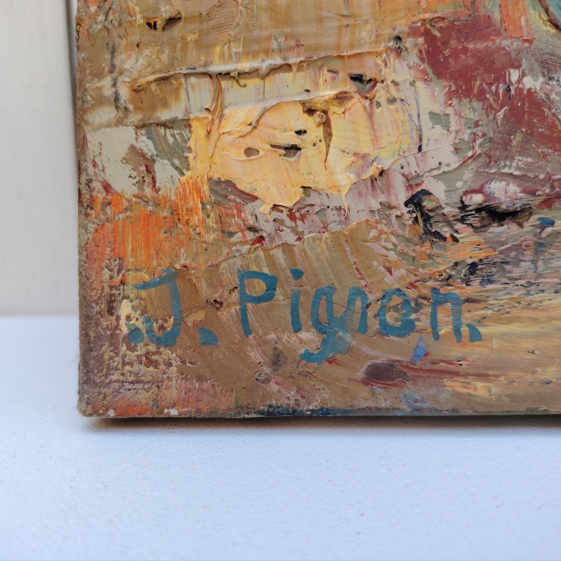 Tableau, Peinture acrylique sur toile représentant des bateaux en cale sèche pendant la marée basse. Signé Pignon. Un manque de matière au niveau du deuxième bateau en arrière plan Bon état. Dimensions : 54,5 x 38 cm