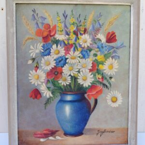 Tableau huile sur toile, Nature morte représentant un bouquet de fleurs des champs, marguerites, coquelicots, bleuets, épis de blé etc.. signé Géofournier. Encadrement en bois peint en gris. Petits chocs et taches sur l'encadrement, un petit nettoyage à prévoir. Bon état général Dimensions : 44,5 x 36,5 cm