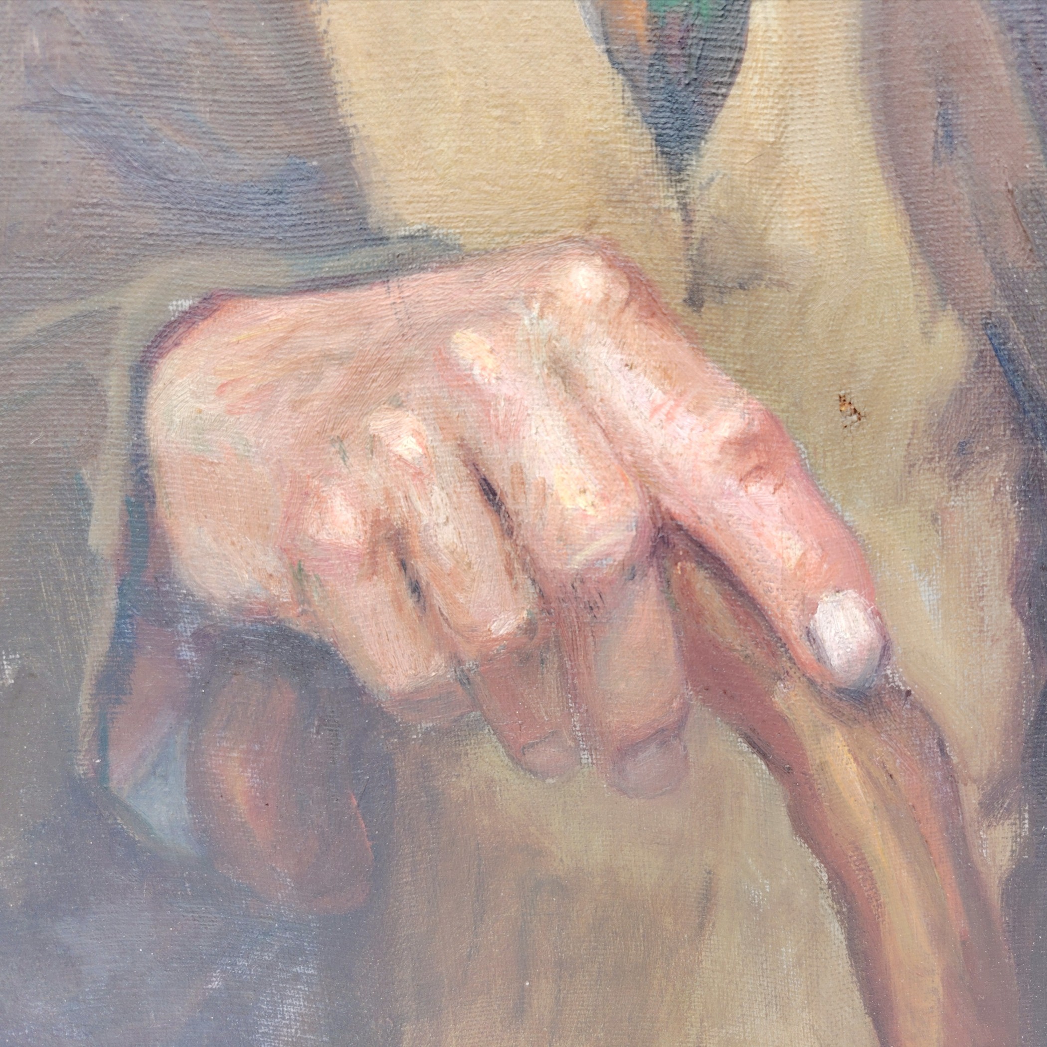 Portrait huile sur toile d'un grand-père par L.Lambert. Datant du début XXe. Signé sur le bas à gauche Quelques petites tâches et petits manques de peinture. Quelques petits accrocs. Toile de jute rajoutée sur l'arrière avec un petit décollement sur un coin haut. A nettoyer Bon état général Dimensions : 65 x 54 cm