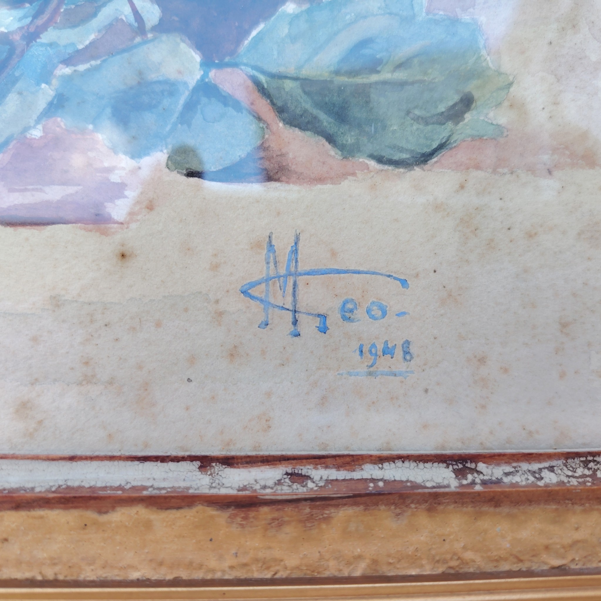 Aquarelle représentant un bouquet de roses jaune en prépartion, Signé M.Géo daté de 1948. Taches et rousseurs sur le papier, encadrement en bois doré. Dimensions de l'encadrement : 28 x 36,5 cm Dimensions aquarelle : 29 x 21 cm