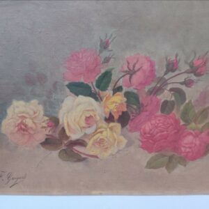 Tableau papier marouflé sur carton représentation des roses posées en attente de préparation d'un bouquet. Signé F.Grugard. Un nettoyage à prévoir, assez sombre. Petits accrocs sur le contour. Dimensions : 38 X 51 cm