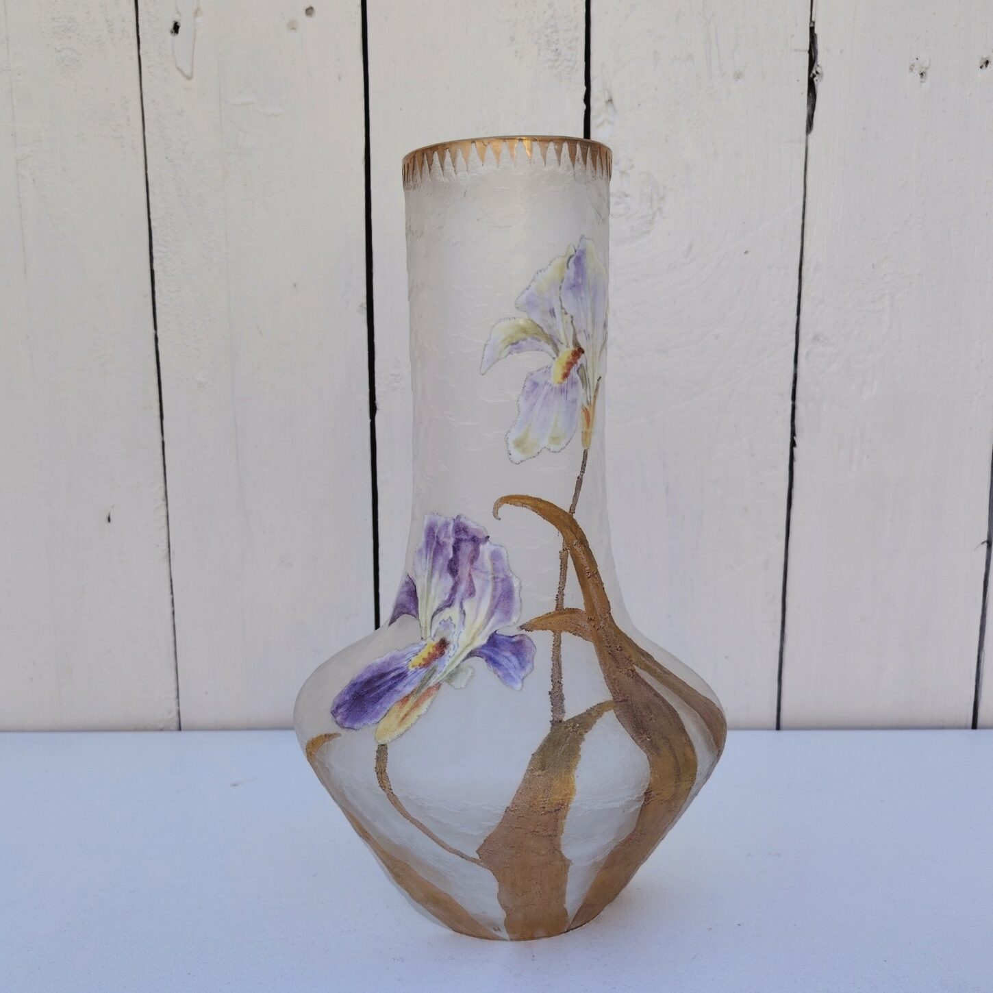 Vase art nouveau en verre givré de la cristallerie de montjoye. Décor d'iris émaillé Très bon état Hauteur : 25 cm Diamètre col : 6,5 cm