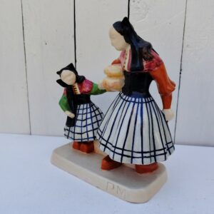 Personnages en céramique de Quimper, de la manufactures Henriot, représentant les Ouessantines aux miches de pain crées par Micheau Vernez dans les années 30. Céramique signée sur le dessous. Très bon état. Hauteur : 22,5 cm Dimensions terrasse : 17 x 8 cm