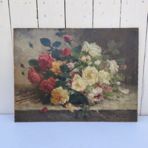 Huile sur toile qui a collée sur un panneau de bois représentant une nature morte d'un bouquet de fleurs. Signé Blondel. Des agrafes sur le contour Bon état général Dimensions : 44 x 33 cm