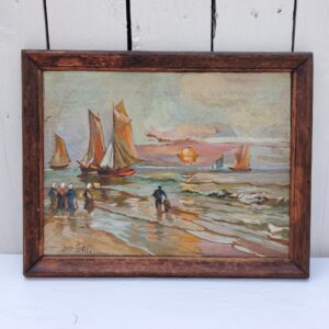 Gouache sur panneau isorel, représentant un retour de pêche au coucher du soleil, Situé dans le Morbihan en Bretagne. Signé Jean Lory. Encadrement bois. Bon état général Dimensions : 32 x 26 cm